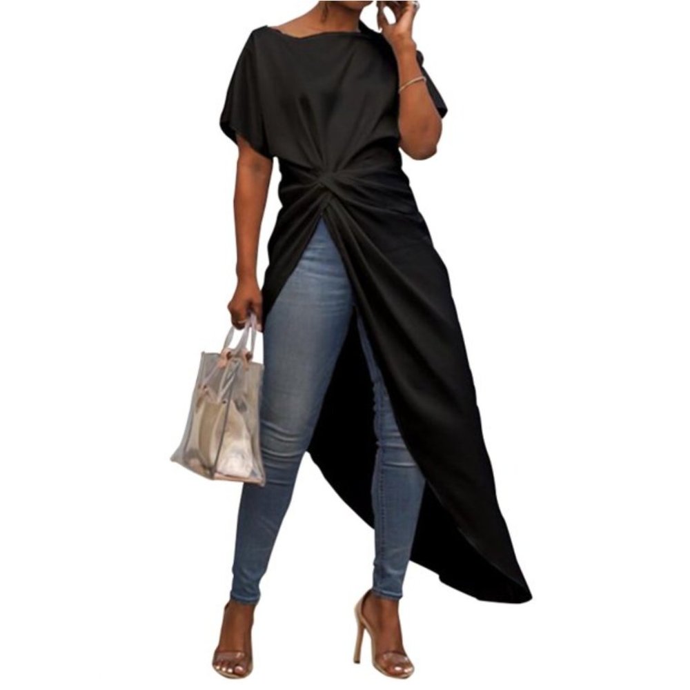 Vonda Black Asymmetrical Blouse Dress XL
